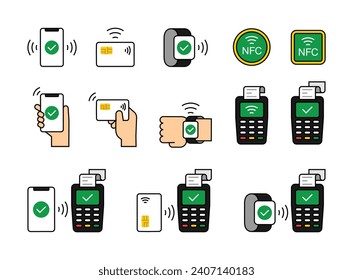 Conjunto de iconos relacionados con los métodos de pago. Banca en línea, pago sin contacto, NFC en un colorido estilo moderno minimalista. Ilustración del vector