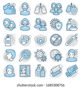 A set of icons related to the prevention of viral diseases. A collection of simple medical icons. Protection from coronavirus. Flat line style infographics. Stopping the corona virus