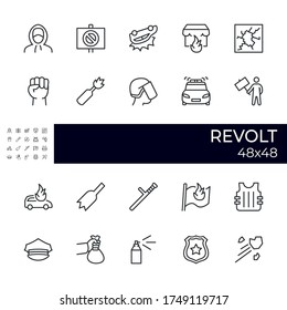 Set of icons related to the Revolt topics. Includes icons for insurrection, disorder, police, commotion, arson, etc. . Size 48 × 48 pixel. Editable vector illustration of the icon.