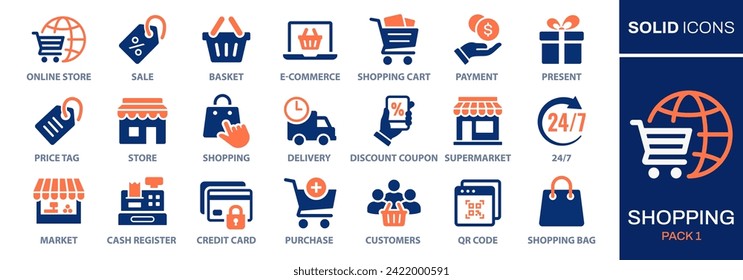 Set of icons related to shopping, e-commerce, gifts, supermarket, sale. Collection of solid icons. Vector illustrations that can easily be adjusted to any color.