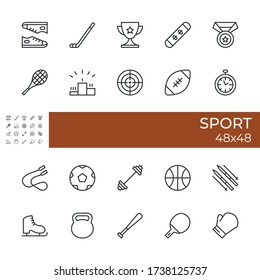 Set of icons related to the Sport topics. Includes icons for sports equipment, pedestal, awards, stopwatch, sneakers, skates and other. Size 48×48 pixel. Editable vector illustration of the icon.