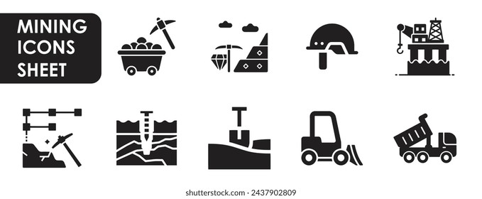 A set of icons related to surface and underground mining. Mining and quarry icon sheet.