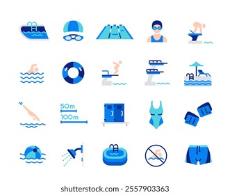 Set of icons related to swimming pool. Colorful signs with swimmer, swimsuit, pool, dive and inflatable ring. Design elements for app. Flat vector illustration collection isolated on background