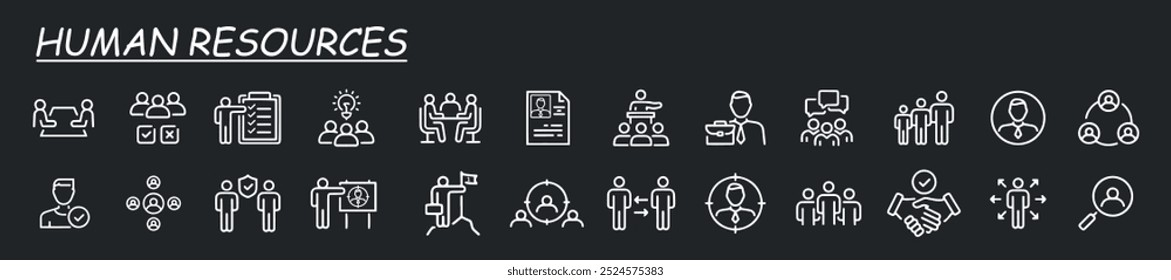 Set von Symbolen verwandten Team, Teamarbeit, Mitarbeiter, Zusammenarbeit. Lineare Business einfache Symbolsammlung. Vektorsymbole auf grauem Hintergrund.