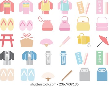 Set of icons related to a traditional Japan event called Shichi-go-sanVector illustration of Japanese clothes.Colorful icons.