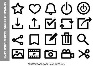 Um conjunto de ícones relacionados à interface do usuário, UX e edição de imagens que são fáceis de ver com linhas grossas