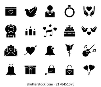 Set of icons related to wedding, party. Solid icon style, glyph. Simple design editable