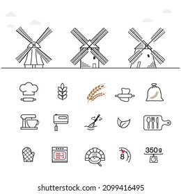 Set of icons related to working with flour. Vector outline illustration is editable and suitable for any scale. Ideal for packaging, promo, advertising. EPS10.