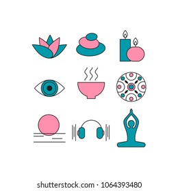 Set of icons relaxation, meditation, zen, rest. Symbols spa - massage, stones, candles, yoga, relax, art therapy. Vector illustration