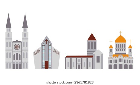 Conjunto de íconos de edificios religiosos de diferentes épocas iglesias románicas, góticas, ortodoxas y modernas, elementos de infraestructura urbana, ilustraciones de estilo plano.
- Digital