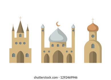 Set of icons of religious buildings. Vector illustration. Catholic and Orthodox churches. Mosque.