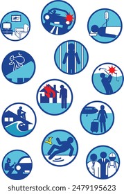 Set of icons represent various concepts such as personal protective equipment, fire safety, slip and fall prevention, transportation safety, ergonomics, and emergency procedures. The use of a consiste