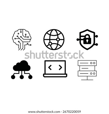 A set of icons representing artificial intelligence, cloud computing, cybersecurity, and other related concepts. Vector illustration, perfect for technology and business themes. 