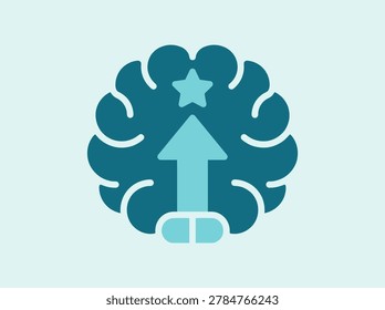 A set of icons representing brain enhancement, featuring a brain with a pill and an upward arrow, symbolizing cognitive improvement, mental performance, and focus.