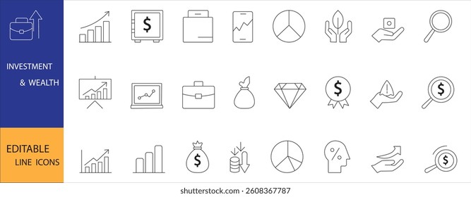 A set of icons representing business growth, investments, financial progress, charts, and development, ideal for corporate strategies, financial planning, and digital media.