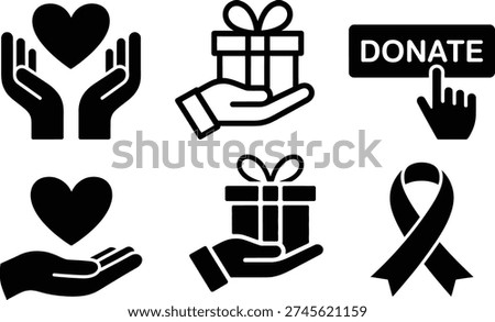 Set of icons representing charity, donation, and support