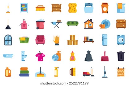 Set of icons representing cleaning services, featuring furniture, appliances, and cleaning supplies