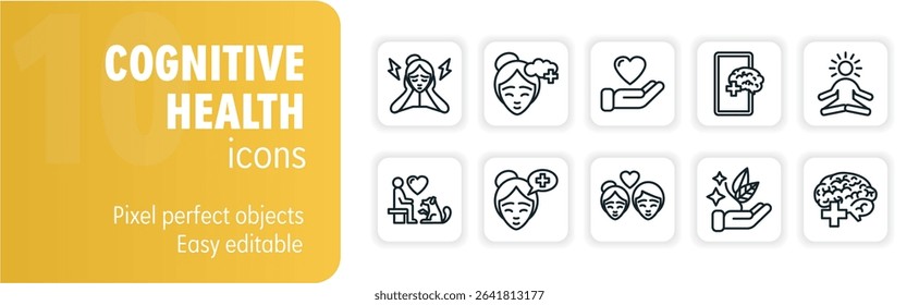 Set of icons representing cognitive health, including concepts like mindfulness, stress management, and emotional well-being
