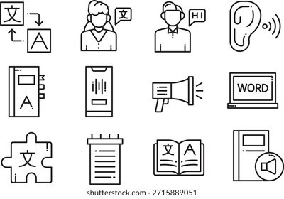Conjunto de iconos que representan el lenguaje de comunicación y la tecnología aislados sobre fondo transparente