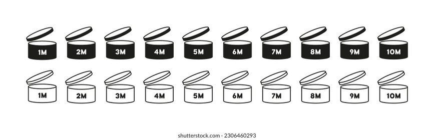 Set of icons representing cosmetic jars and bottles. The icons depict various types of cosmetic containers such as jars, bottles, tubes, and pumps, beauty.