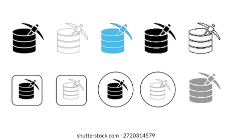 Conjunto de iconos que representan conceptos de minería de criptomonedas y bases de datos