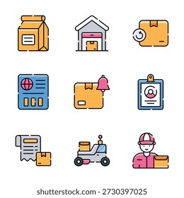 Set of icons representing delivery services, logistics, and ecommerce in modern flat outline design style