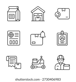 Set of icons representing delivery services, logistics, and ecommerce in modern outline design style