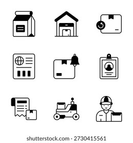 Set of icons representing delivery services, logistics, and ecommerce in modern glyph design style