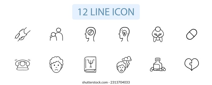 Set of icons representing depression and mental health. Awareness, support, mental health. Pastel color background. Vector 12 line icon