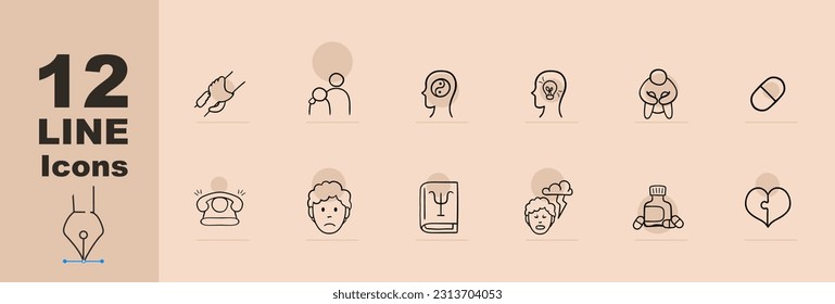 Set of icons representing depression and mental health. Awareness, support, mental health. Pastel color background. Vector line icon