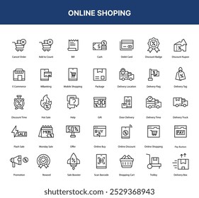 A set of icons representing different aspects of online shopping.
