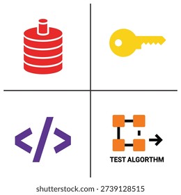 A set of icons representing different aspects of software development, including database, security, coding, and algorithm testing.