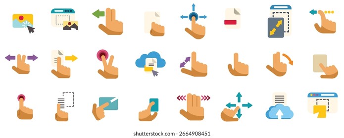 Set of icons representing different hand gestures interacting with touch screens, performing actions like scrolling, zooming, and selecting