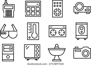 Set of icons representing different household and technology items isolated on a transparent background
