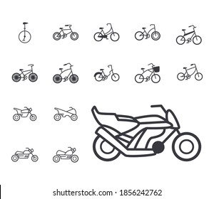 set icons, representing different types of motorcycles and bikes vector illustration design