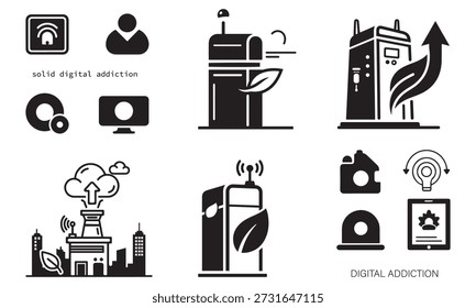 Conjunto de ícones que representam vício digital e conceitos de tecnologia, incluindo Wi-Fi, mídia social,