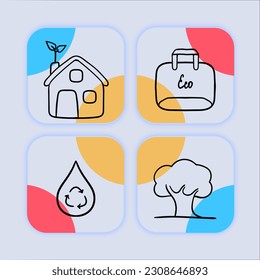 Conjunto de iconos que representan materiales ecológicos. Sustentable, respetuoso con el medio ambiente, verde. Concepto natural. Estilo neomorfista. Icono de línea de vector para empresas
