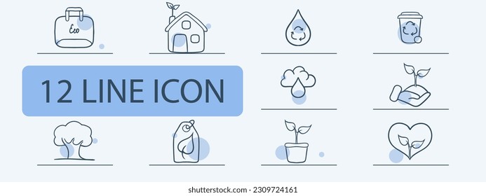 Set of icons representing eco-friendly materials. Sustainable, environmentally friendly, green. Natural concept. Pastel color background. Vector 12 line icon