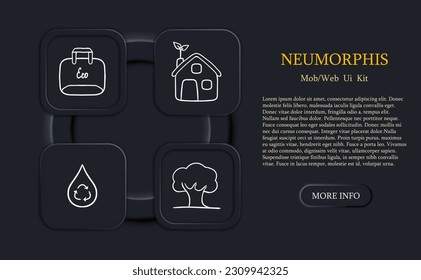 Set of icons representing eco-friendly materials. Sustainable, environmentally friendly, green, natural. Recyclable concept. Neomorphism style. Vector line icon for Business