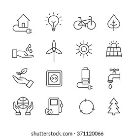 Set of icons representing ecology, environment, renewable energies, nature conservation. Infographic modern thin lines vector design.