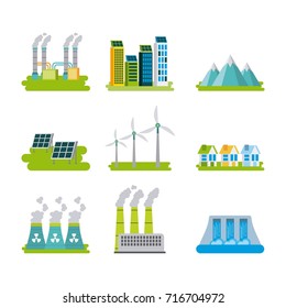 set of icons representing ecology environment renewable energies nature conservation