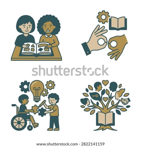 Set of icons representing education diversity inclusion and accessibility in learning environments