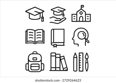 Um conjunto de ícones que representam a educação, incluindo a graduação, livros e um prédio escolar.