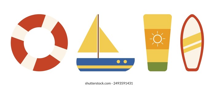 A set of icons representing essential summertime activities and equipment: a lifebuoy, a sailboat, sunscreen, and a surfboard.