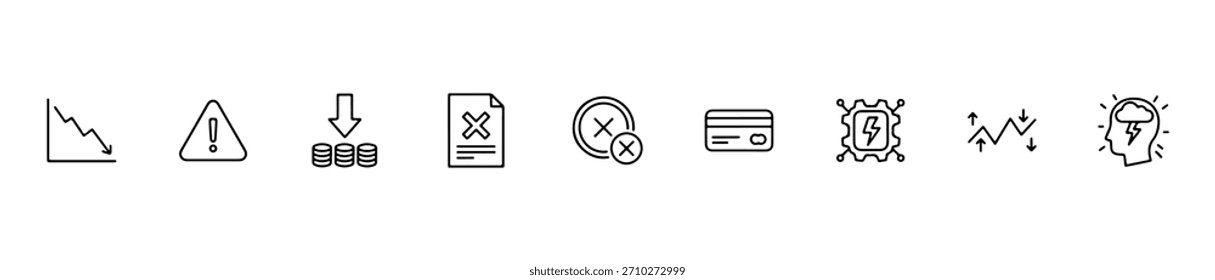 Um conjunto de ícones representando o declínio financeiro, alertas, erros e riscos relacionados à tecnologia. Útil para negócios, análise visual.