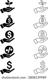 Set of icons representing financial growth, investment, and monetary gain held within human hands