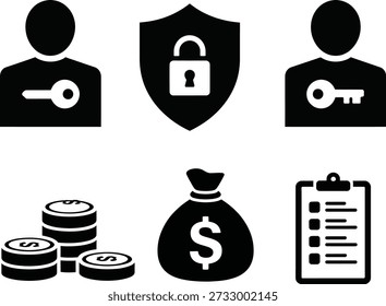 A set of icons representing financial security, protection, and transactions, including keys, locks, money, and documents.