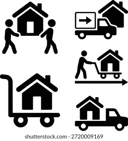 A set of icons representing home moving, real estate relocation, and property transportation methods