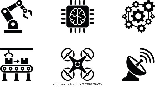Un conjunto de iconos que representan la Industria 4.0, incluyendo la robótica, la IA, la automatización y la tecnología de drones, que simbolizan el futuro de la fabricación y la innovación.