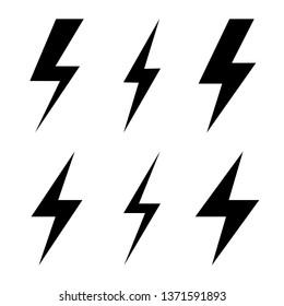 Set of icons representing lightning bolt, lightning strike or thunderstorm. Suitable for voltage, electricity and power signs. Vector Illustration
